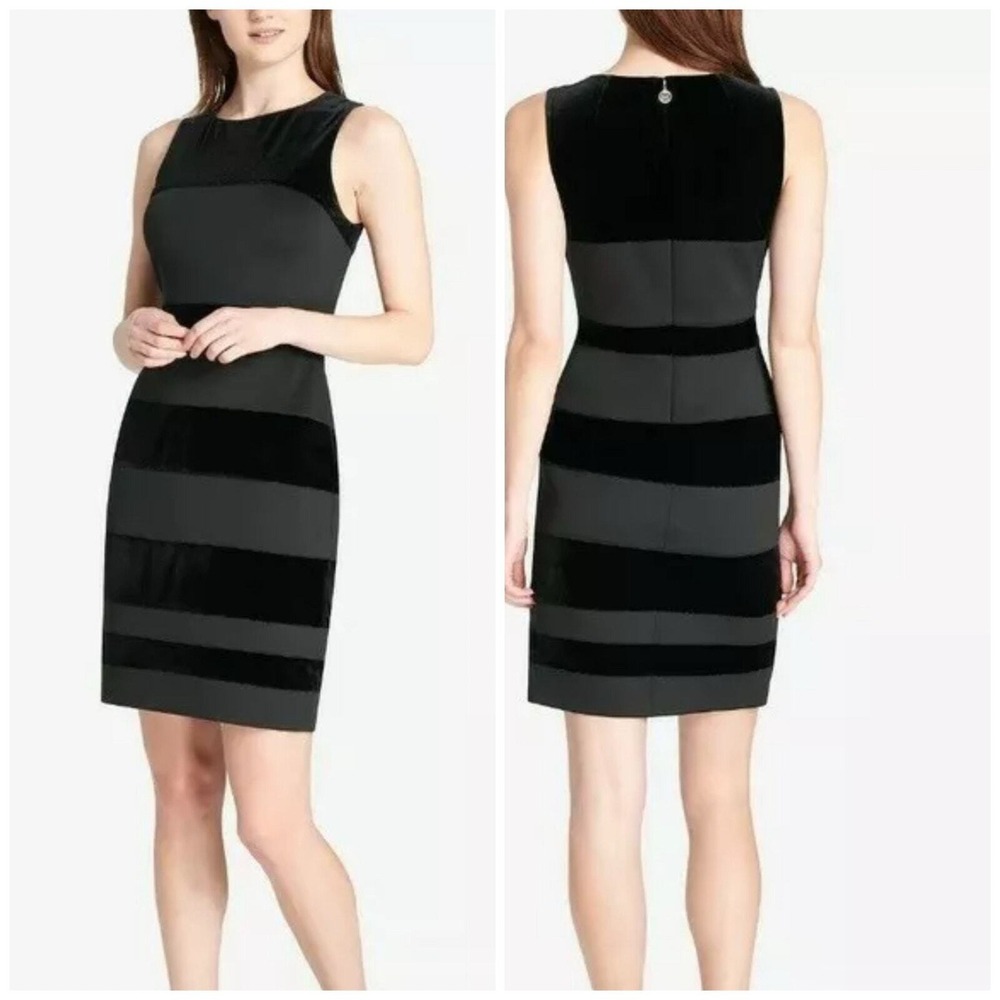 Calvin‎ Klein Women Black Velvet Striped Sleeveless Sheath Dress RN 54163